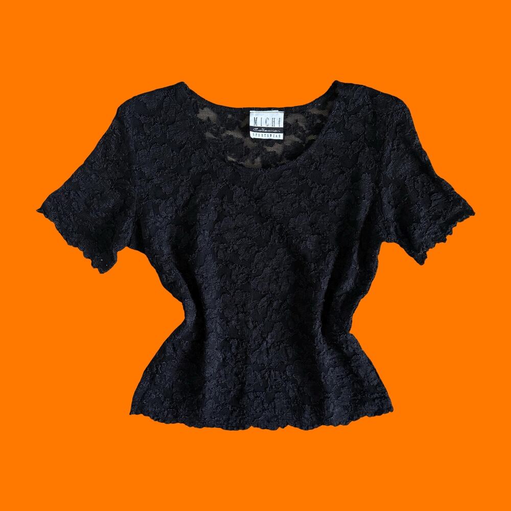 90's vintage black lace goth grunge short sleeve bodycon top L/XL